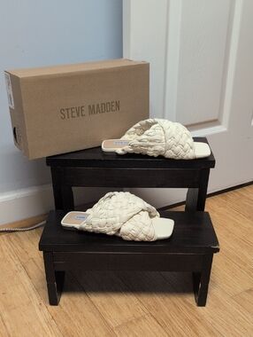 Steve Madden Marina Cream Braided Slide Sandals - Woven Crossband Sz 7.5M NEW
